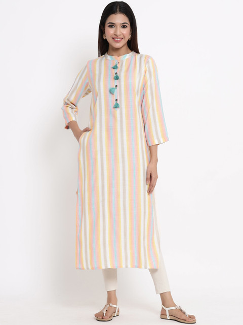 

ZOLA Women Multicoloured Striped Kurta With Tassels, Multi