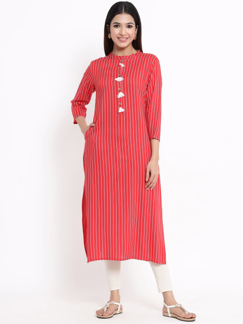 

ZOLA Women Red & White Striped Kurta With Tassels