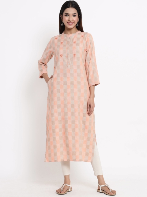 

ZOLA Women Peach-Coloured & Beige Checked Embroidered Detail Kurta