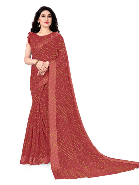 

KALINI Red & Beige Printed Designer Bandhani Saree