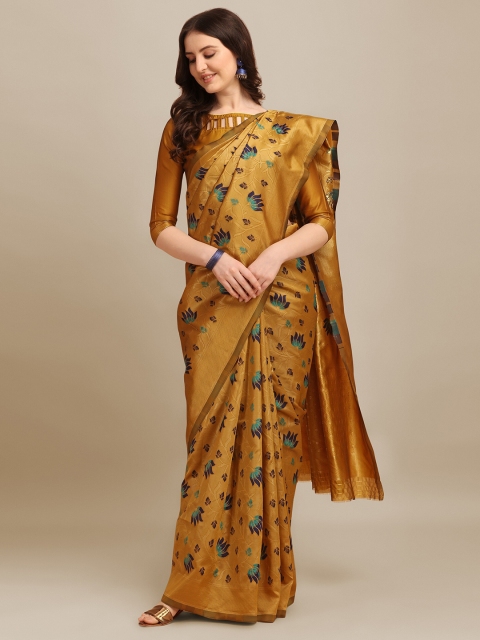 

RAJGRANTH Mustard Yellow & Blue Floral Zari Silk Cotton Banarasi Saree