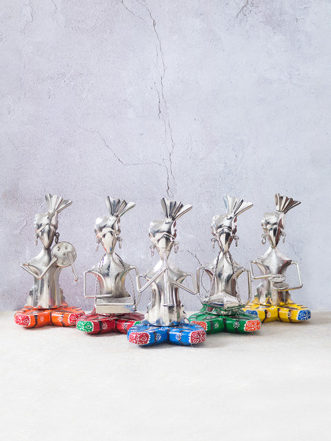 

Golden Peacock Multicoloured Set Of 5 Handcrafted Tribal Musician Showpiece, Multi