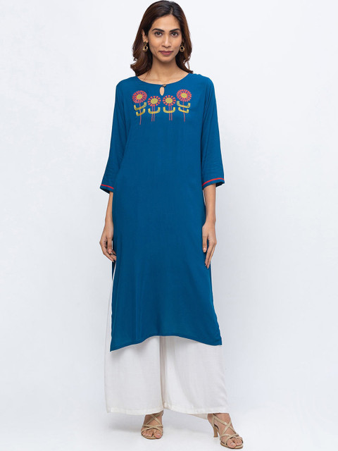 

ZOLA Women Navy Blue Ethnic Motifs Yoke Design Kurta