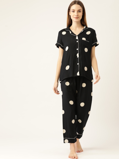 

Sweet Dreams Women Black & Off White Polka Dot Print Pyjamas Set
