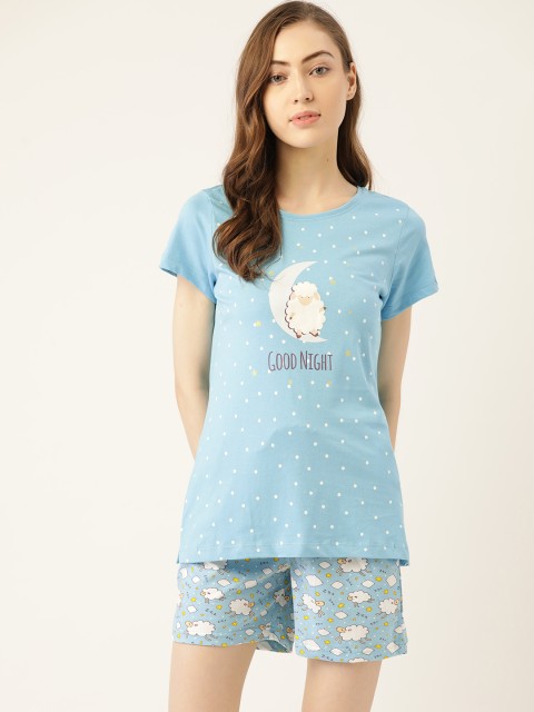 

Sweet Dreams Women Blue & White Cotton Printed Shorts Set