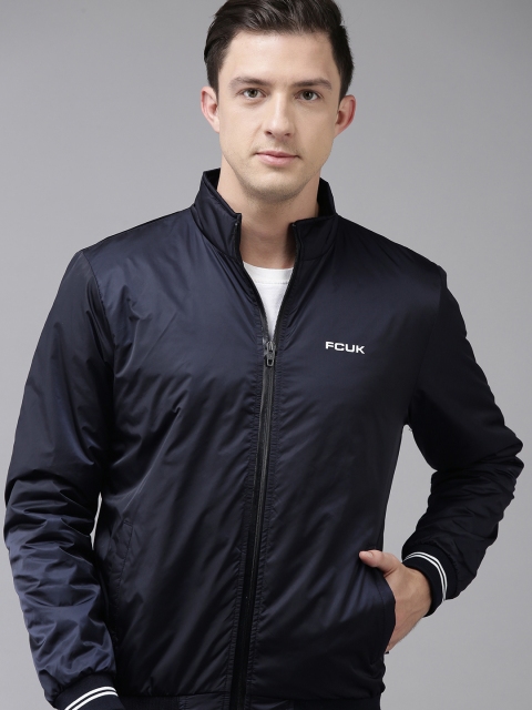 

French Connection Men Navy Blue Solid Varsity Jacket