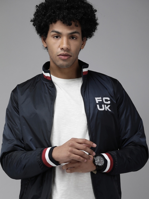 

French Connection Men Navy Blue Brand Logo Varsity Jacket