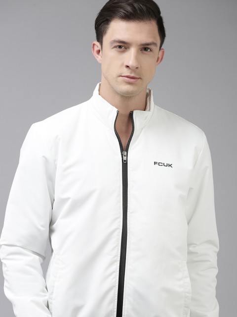 

French Connection Men White Mock Collar Varsity Jacket