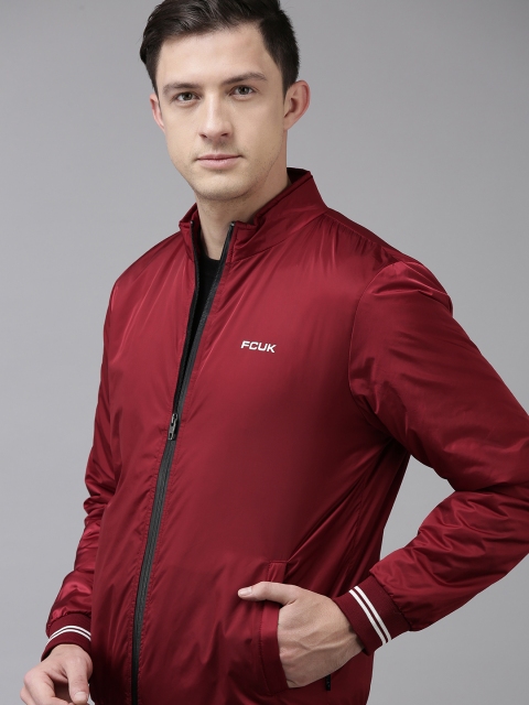 

French Connection Men Red Solid Stand-Collar Bomber Jacket