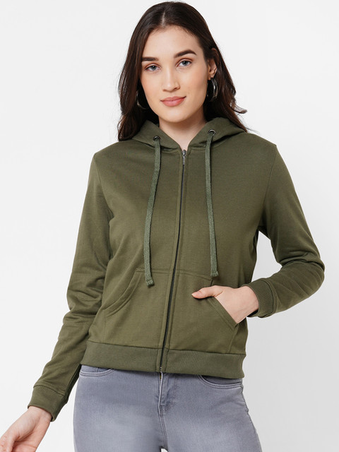 

Kraus Jeans Women Olive Green Solid Hooded Sweatshirt