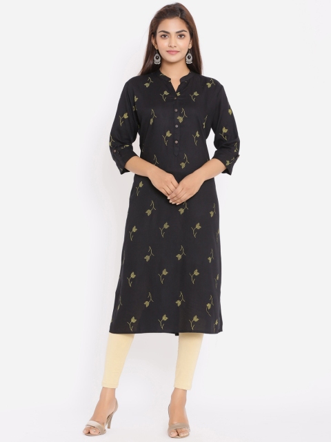 

ZOLA Women Black Floral Printed Straight Kurta