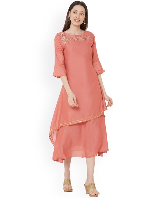 

ZOLA Women Peach-Coloured Embroidered Flared Sleeves Thread Work Kurta