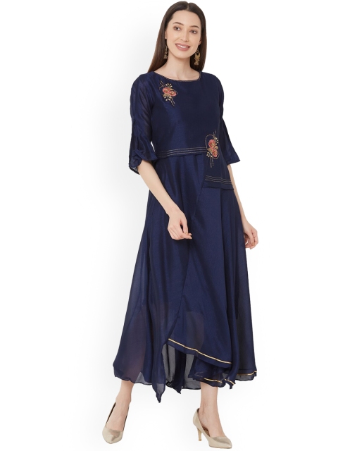 

ZOLA Women Navy Blue Keyhole Neck Flared Sleeves Thread Work Anarkali Kurta