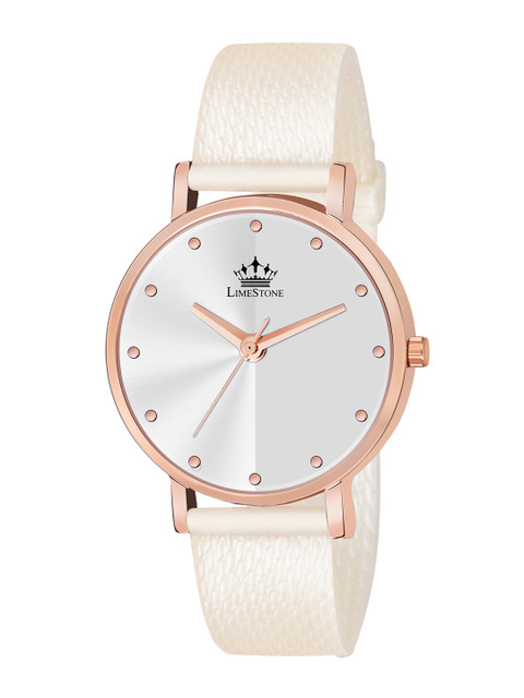 

LIMESTONE Men Silver-Toned Brass Printed Dial & White Straps Analogue Watch