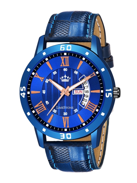 

LIMESTONE Men Blue Brass Printed Dial & Blue Leather Straps Analogue Watch LS2880