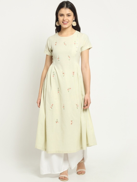 

Ekmatra Women Green Geometric Embroidered Thread Work Khadi Handloom Kurta