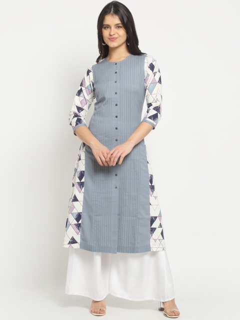 

Ekmatra Women Blue Geometric Printed Khadi Handloom Sustainable Kurta