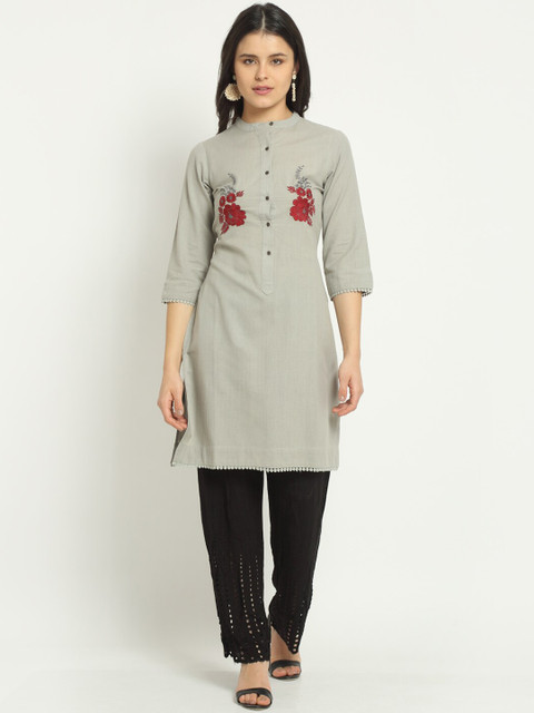 

Ekmatra Women Green Floral Embroidered Thread Work Khadi Handloom Sustainable Kurta