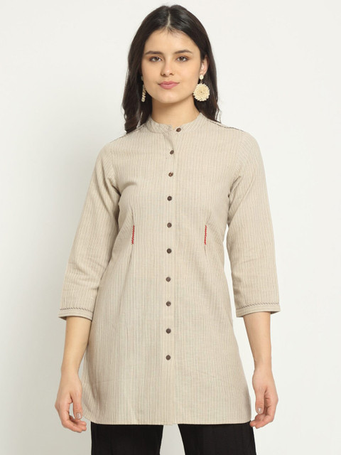 

Ekmatra Brown Mandarin Collar Regular Longline Sustainable Top
