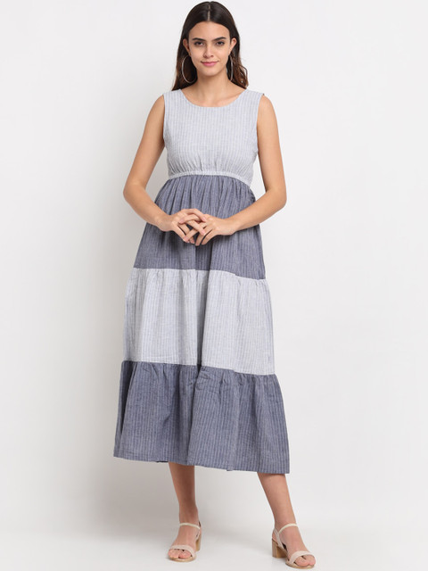 

Ekmatra Women Blue Striped Empire Sustainable Midi Dress