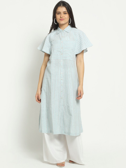 

Ekmatra Blue Striped Ethnic Handwoven Sustainable Shirt Dress