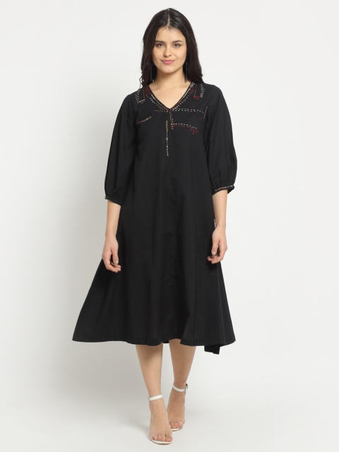 

Ekmatra Women Black Embroidered Sustainable A-Line Midi Dress