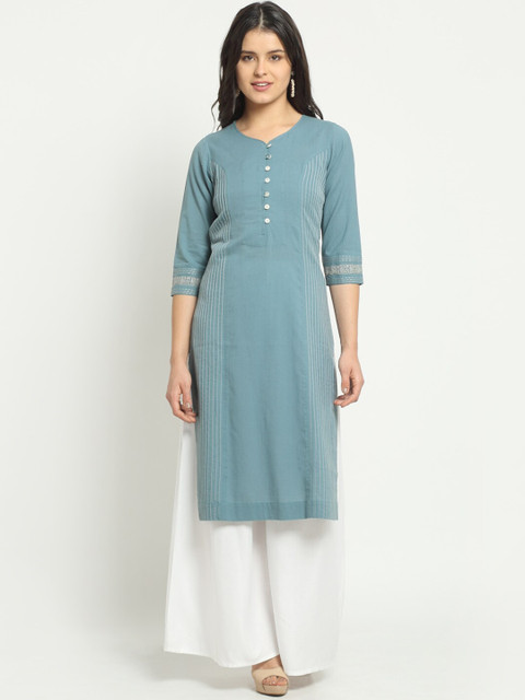 

Ekmatra Women Teal Khadi Handloom Sustainable Kurta