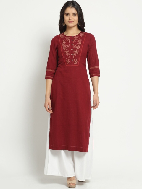 

Ekmatra Women Maroon Floral Embroidered Khadi Handloom Sustainable Kurta