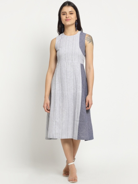 

Ekmatra Women Blue Striped A-Line Sustainable Midi Dress, White