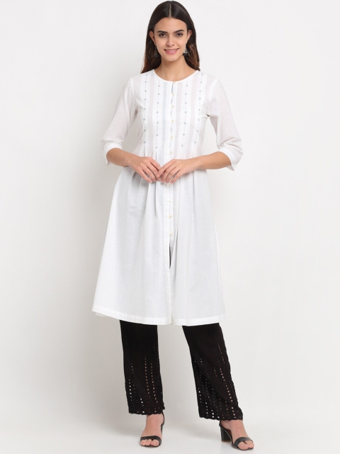 

Ekmatra Women White Geometric Embroidered Khadi Handloom Sustainable Kurta