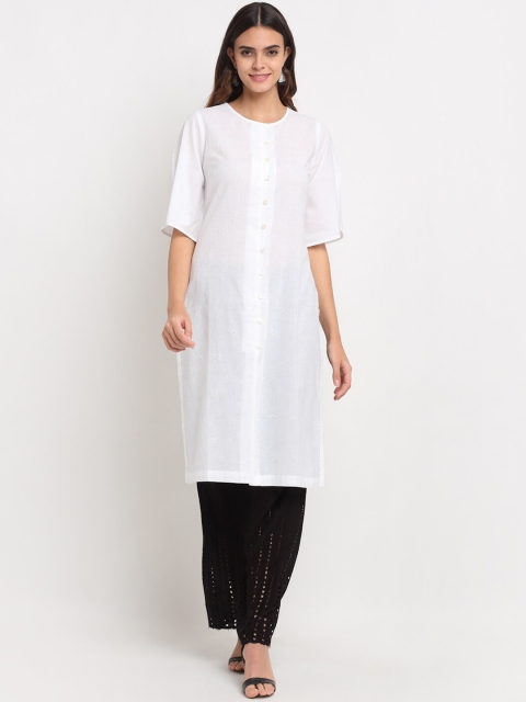 

Ekmatra Women White Geometric Embroidered Thread Work Khadi Handloom Sustainable Kurta