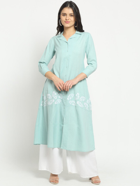 

Ekmatra Women Turquoise Blue Floral Embroidered Khadi Handloom Sustainable Kurta