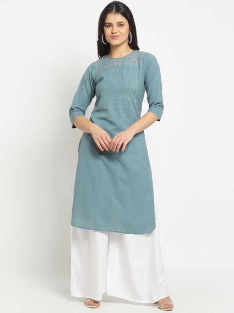 

Ekmatra Women Teal Embroidered Khadi Handloom Sustainable Kurta