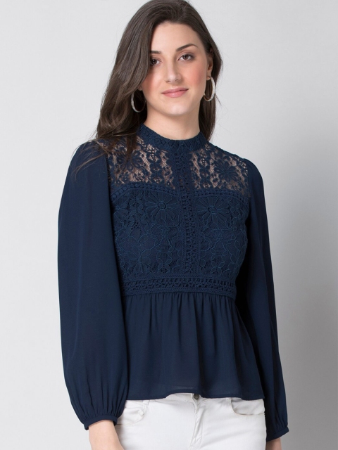 

FabAlley Navy Blue Lace Peplum Top