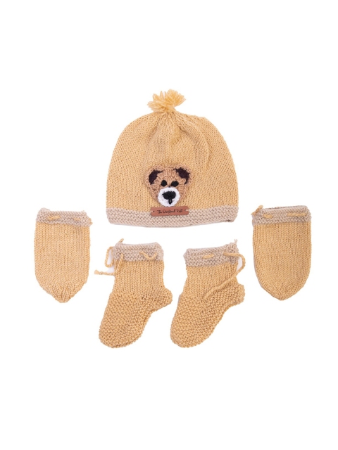 

The Original Knit Unisex Kids Beige Embroidered Beanie - Booties & Mittens Set
