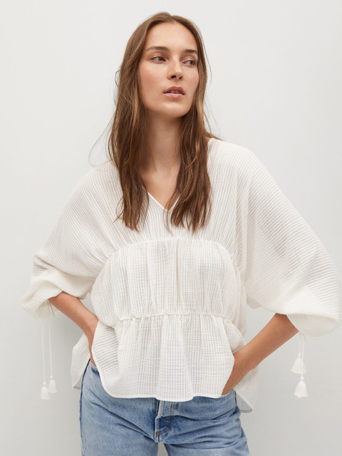 

MANGO Off-White Pure Cotton Self-Striped Tiered A-Line Top