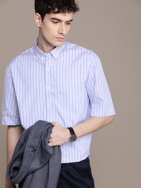 

MANGO MAN White & Blue Striped Formal Shirt
