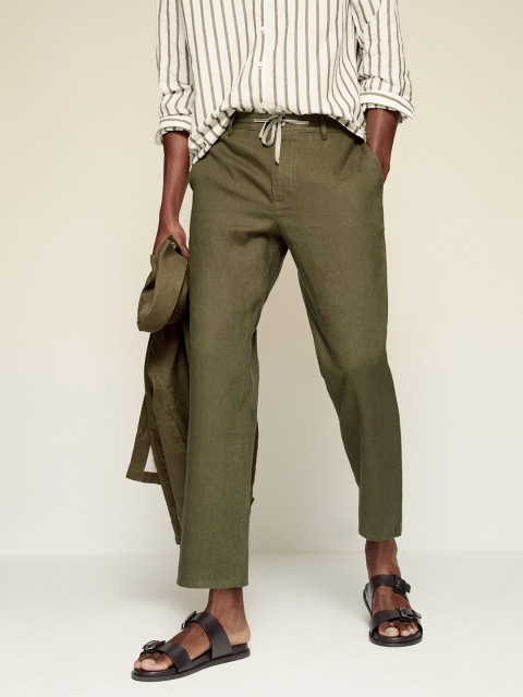 

MANGO MAN Olive Green Sustainable Pure Linen Solid Cropped Trousers