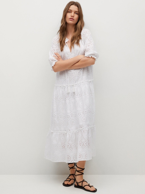 

MANGO White Schiffli Embroidered Tie-Up Neck Pure Cotton A-Line Dress
