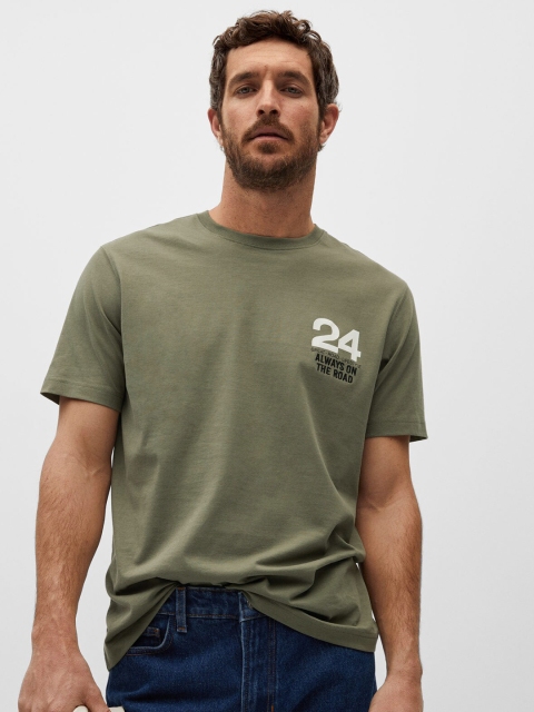 

MANGO MAN Olive Green Drop-Shoulder Sleeves Sustainable Cotton Pure Cotton T-shirt