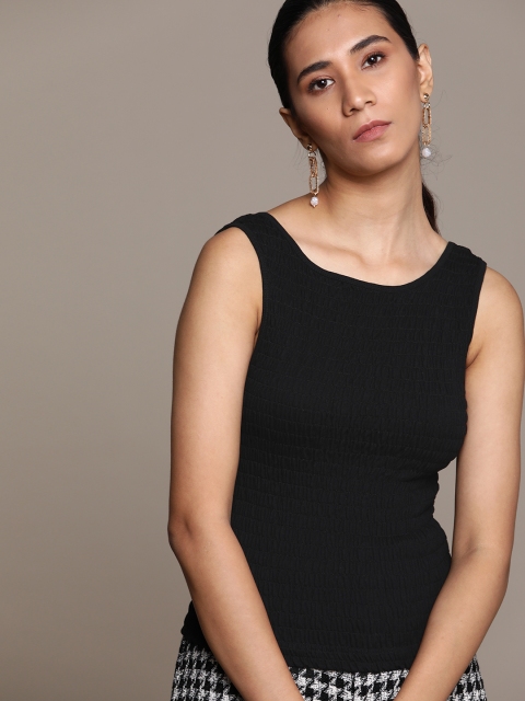 

MANGO Women Black Solid Smocked Pure Cotton Sustainable Fitted Top
