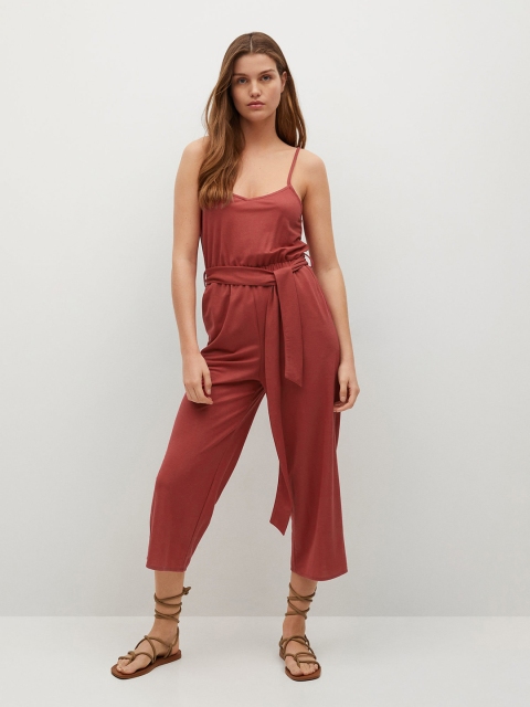 

MANGO Coral Red Solid Basic Jumpsuit with Belt