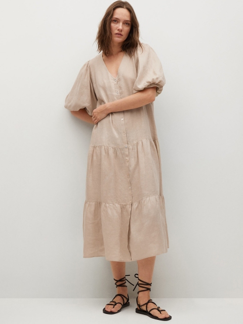 

MANGO Beige Solid Linen A-Line Midi Sustainable Dress