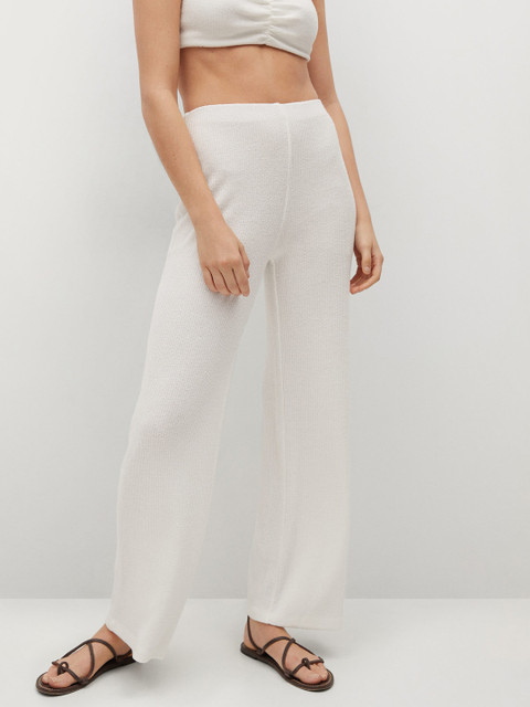 

MANGO Women White Ribbed Stretchable Parallel Trousers