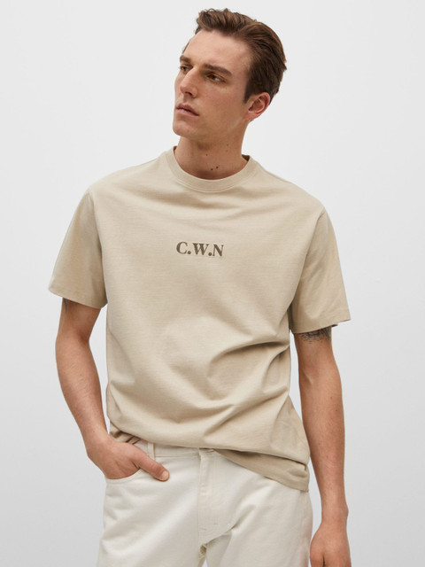 

MANGO MAN Off White Drop-Shoulder Sleeves Sustainable Cotton Pure Cotton T-shirt