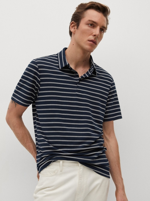 

MANGO MAN Navy Blue & White Recycled Polyester Striped Polo Collar T-shirt