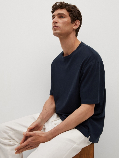 

MANGO MAN Navy Blue Drop-Shoulder Sleeves Sustainable Cotton Pure Cotton T-shirt