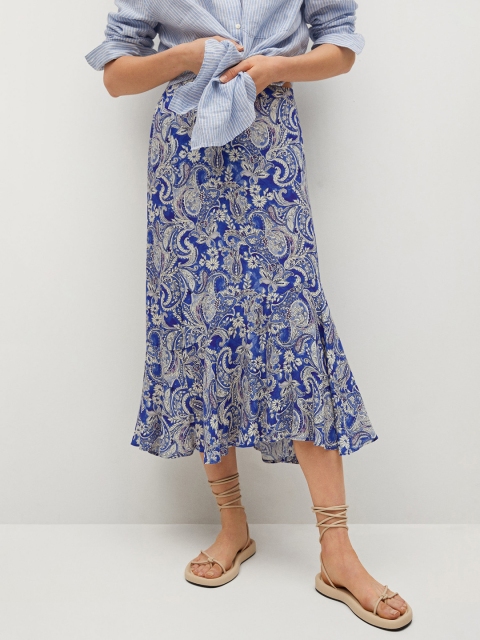 

MANGO Blue & Off-White Paisley Print A-Line Midi Skirt