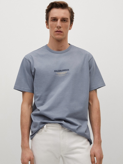 

MANGO MAN Blue Drop-Shoulder Sleeves Sustainable Cotton Pure Cotton T-shirt