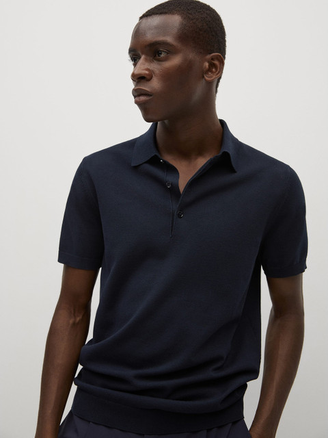 

MANGO MAN Men Navy Blue Ribbed Polo Collar T-shirt